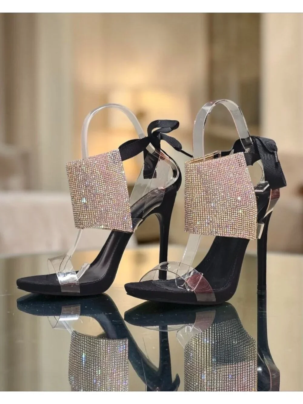 Black High Heel Sandals With Rhinestone Embellished Panels Clear Straps & Ribbon